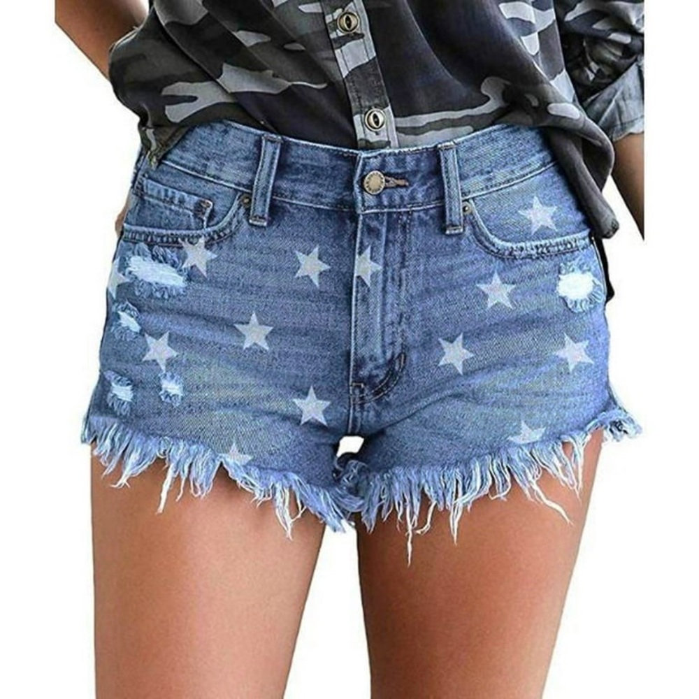 distressed Denim shorts with white stars